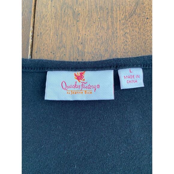 Quacker Factory T-Shirt Women Large Black Bling Cotton Scallop Sleeve Round Neck - Picture 4 of 10